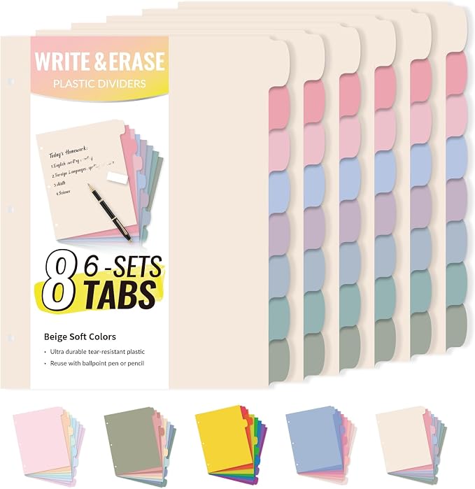 Sooez 8 Tabs Plastic Write & Erase Binder Dividers with Tabs, 6 Sets | Long-Lasting Dividers for 3 Ring Binder, Cute Pastels Binder Dividers Organizers for Student, Teacher, Office, Beige Color