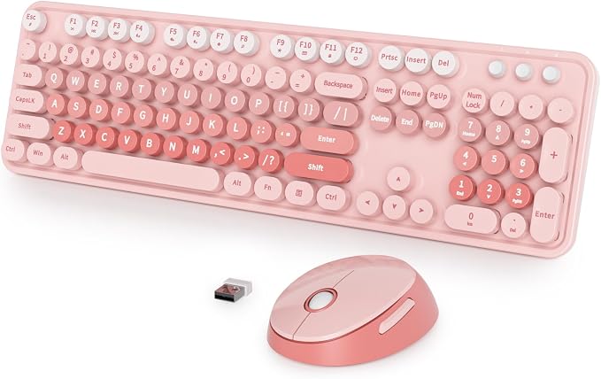 Wireless Keyboard Mouse, SbocKeeb Retro Typewriter Cute Keyboard Pink | 1600DPI Full Size With Number Pad & Mouse,Compatible With All Windows,Ideal For Computer, PC, Notebook, Laptop