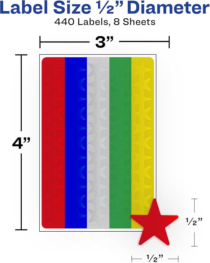 Avery Foil Star Labels, 1/2", Assorted Colors, Non-Printable, 440 Labels Per Pack, 36 Packs, 15,840 Star Stickers Total (6007)