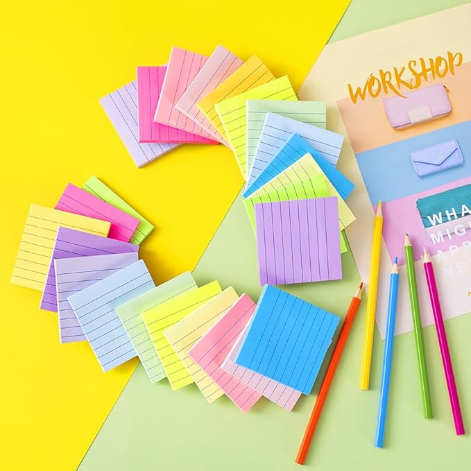 (24 Pack) Lined Sticky Notes 3x3 in,Notepads with Lines,Ruled Stickies Super Sticking Power,Office School Memo Note Pads Bright Colors,Post on Windows Doors,Recyclable,Easy to Write on