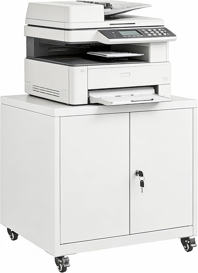 23.6"H Locking Printer Cabinet with Storage & Adjustable Shelf | Large Metal Rolling Printer Stand, Steel Printer Cart for Home Office, Workspace Organization & Office Supplies, Black
