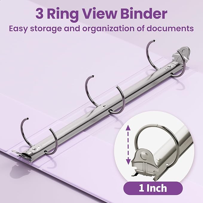 SUNEE 3 Ring Binder 1 Inch 4 Pack, Clear View 1" Binders Three Ring PVC-Free (Fit 8.5x11 Inches) for School or Office Supplies, Purple