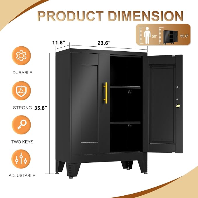 36" Metal File Garage Storage Cabinet with Lock,Lockable Office File Cabinet with 2 Doors and 2 Adjustable Shelves,Outdoor Steel Locker Organizer for Home Office,Gym,School,Warehouse(Black)