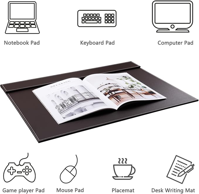Ultra-Smooth PU Leather Desk Pad & Mat Office Desk Drawing & Writing Board A3/ A4 File Paper Clip Table Protector Mat on Top Large 24''x18'' (Brown)