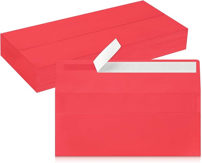 50 Pack Red #10 Business Envelopes, Christmas New Years Standard Envelopes Self Seal, Letter Size Mailing Envelopes for Checks Letters Invoices Birthday Graduation Wedding, 4 1/8 x 9 1/2 Inch