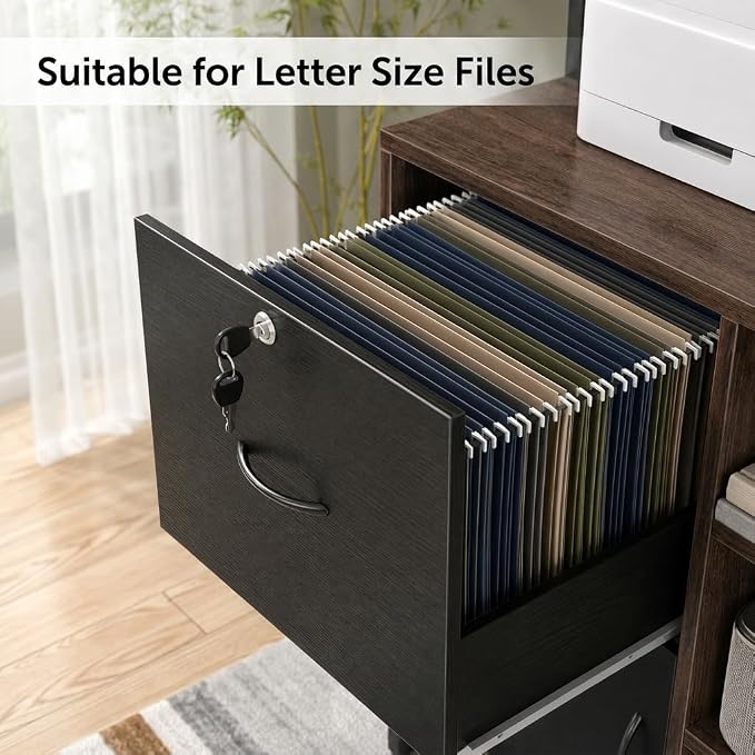 Vertical Filing Cabinet with Bookshelf for Home Office, Walnut | File Cabinet with Shelves, Lock & Charging Station, Drawer Office File Cabinets with Printer Stand, fits Letter Size