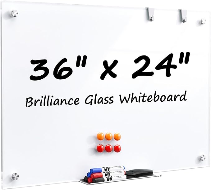 MaxGear Glass Whiteboard Tempered Glass Magnetic Dry Erase Board 36" x 24" | Tempered Glass, Sleek Modern Design, Smooth Writing, Easy Erase, Magnetic Surface, Frameless Design, Wall Mounted, Office Use