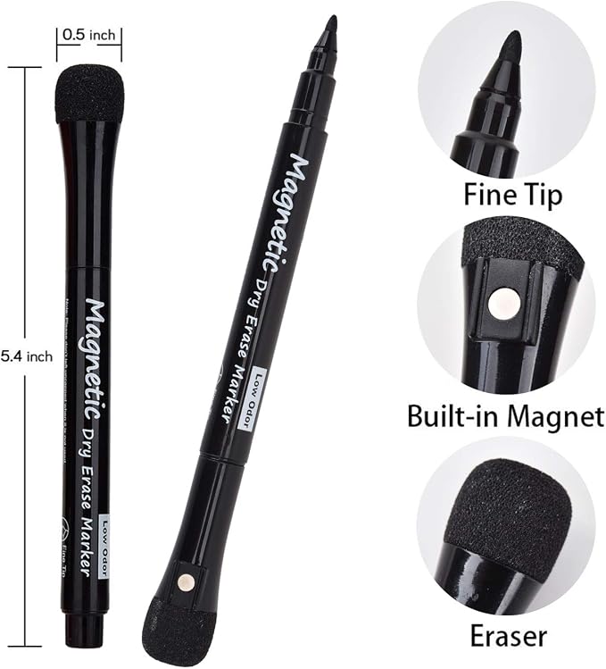 LivDeal Magnetic Dry Erase Markers - Fine Tip, Black Color, 12 Pack, Low Odor Whiteboard Markers for Kids & School, Work On White board & Calendar, Refrigerator