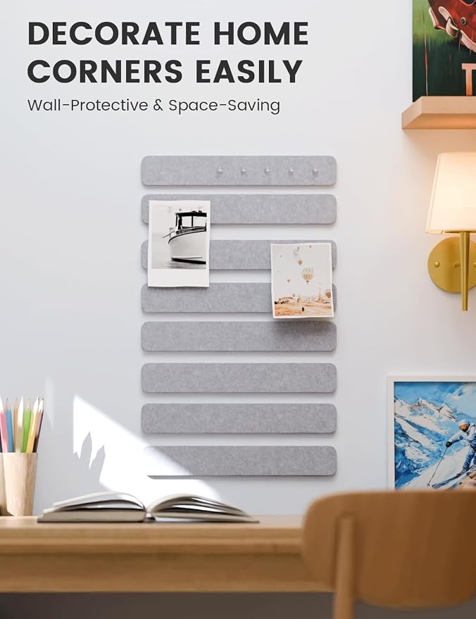 Fluxynara 13" x 2" Felt Wall Panels, Soft Gray | 8-Pack Includes 50 Push Pins and Adhesive Tabs for Photos, Notes and Decor in Bedroom Doors, Home Office or Studios