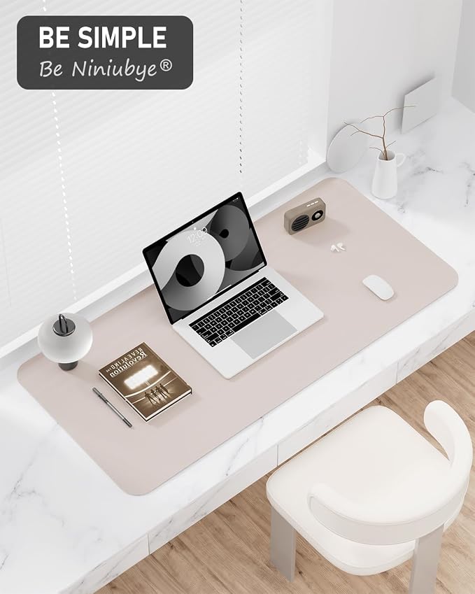 Desk Pad, 35.5" x 17" PU Leather Non-Slip Desk Mat Large Mouse Pad for Desktop, Waterproof Laptop Computer Writing Mat for Office, Home, Work, Gaming, Beige Gray