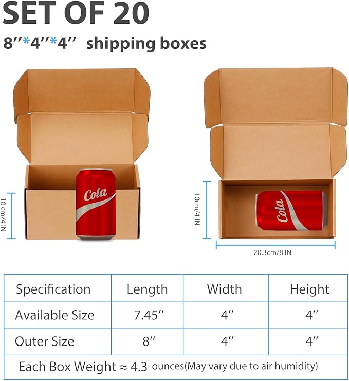 Small Shipping Boxes 8x4x4 Inches - Kraft Brown Corrugated Cardboard Boxes (20-Pack) for Mailing, Packing, Small Business & Gift Packaging - Recyclable & Sturdy
