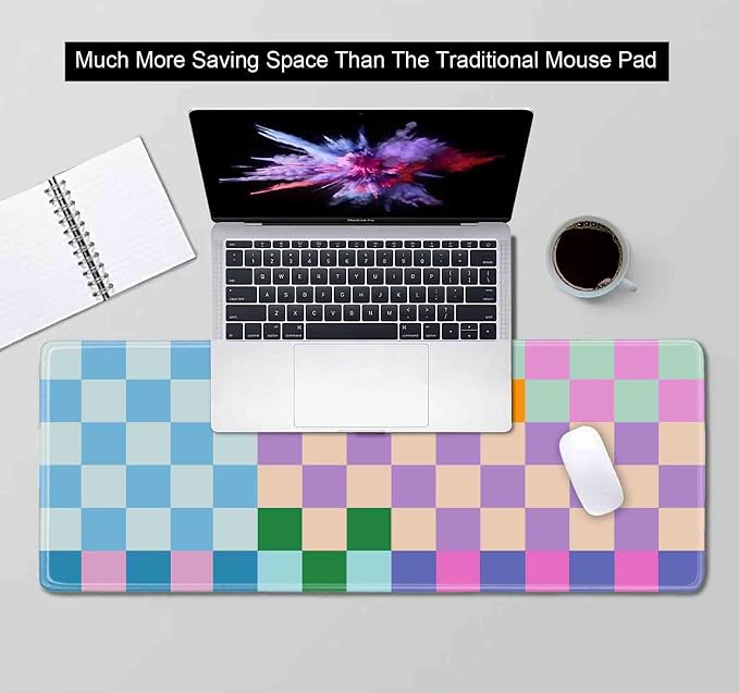 Colorful Checkered Desk Mats, Retro Purple Pink Blue Green Large Desk Pad, Aesthetic Desktop Mat, Writing Mat, Non-Slip Rubber Gaming Mouse Pad for Laptop Computer Office, 31.5 X 11.8 in