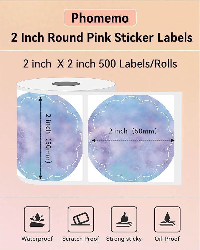 Phomemo 2” Color Circle Thermal Labels, Self-Adhesive Round Direct Sticker Label, Commercial Grade Custom Stickers - 500PCS Labels/Roll