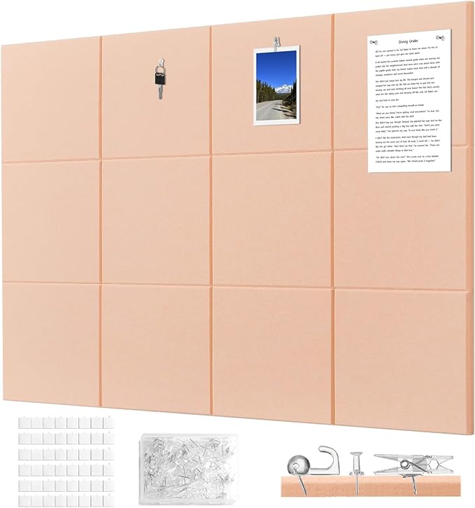 Felt Wall Tiles Bulletin Board Large Cork Board Alternative 12 Pack 11.81”x11.81”x0.47” Felt Pin Board Tack Board with Safe Removable Adhesive Tabs for Home Office School 48x36(Light Pink)