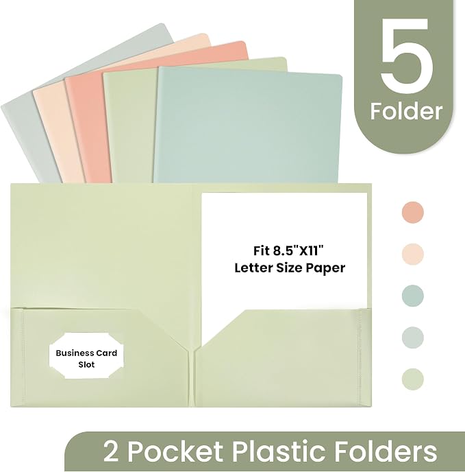 GNL Plastic Folders with Pockets, Pack of 5, Muted Pastel Colors, Heavy Duty 2 Pocket File Folders Letter Size, Pocket Folders for School, Home, and Office