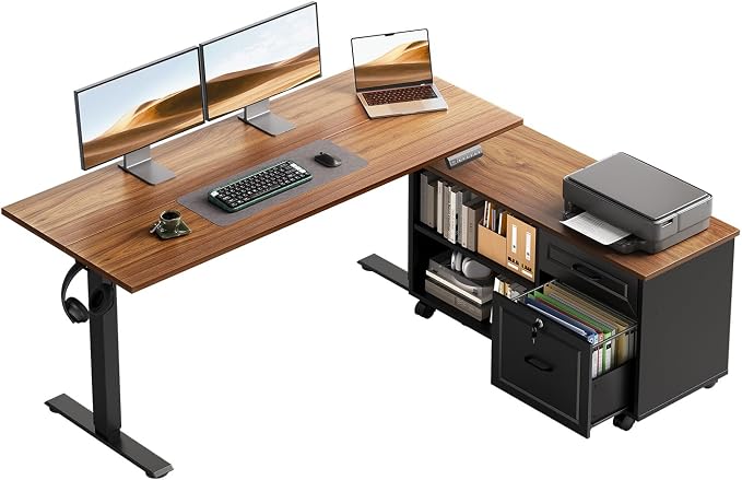 48" L Shaped Electric Standing Desk with Cabinet Sets, Walnut/Black | Mobile Drawers & File Cabinet Sets for Flexible Layout, Height Adjustable Executive Stand Up Desk for Home Office Workstation