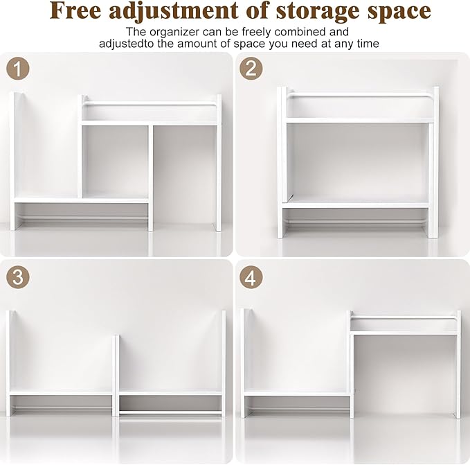 Desk Shelves Wood Desktop Orgnizer Shelf. Office Organization for Top of Desk Organizers and Accessories Bookshelf Shelving,Adjustable Tier H-Shape Mini Bookcase(White)