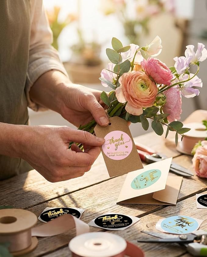800 Thank You Stickers – 1.5" Round Labels (5 Designs, Multicolor) for Small Business, Packaging, Envelopes, Gift Bags, Bakery, Party Favors – Self-Adhesive Waterproof Thank You Sticker Roll