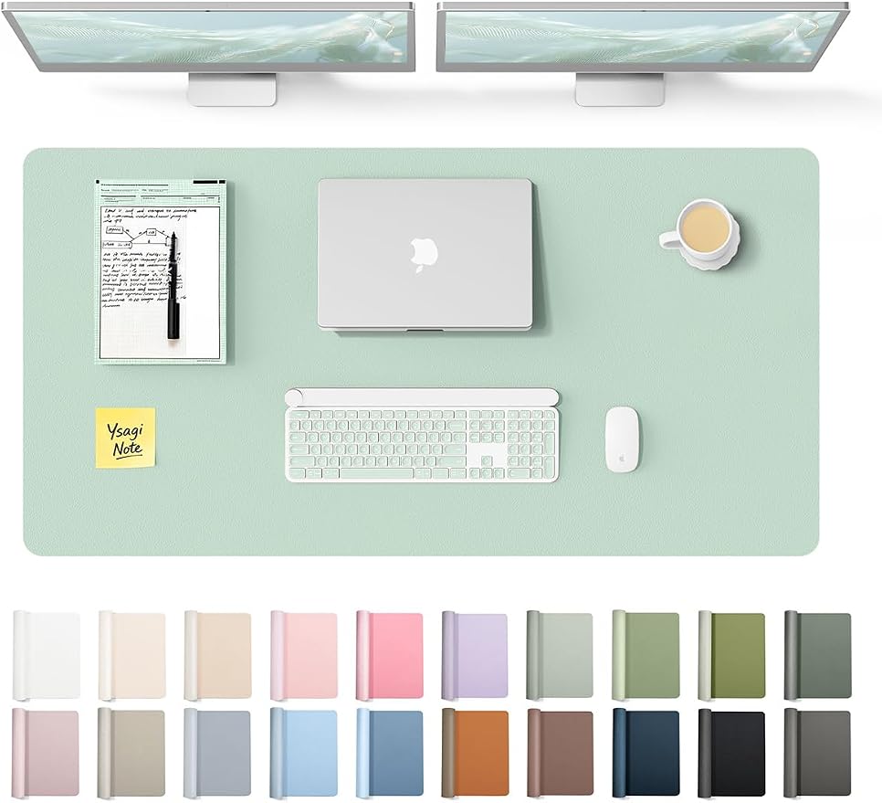 YSAGi Leather Desk Protector, Office Mat, Large Mouse Mat, Non-Slip PU Leather Blotter, Laptop Desk Pad, Waterproof Writing Pad for Office and Home (Pale Green, 47.2" x 23.6")