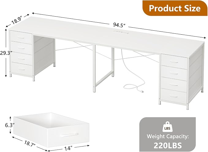 95" 2 Person Desk with 8 Fabric Drawers for Home Office, Living Room | Long Computer Desk Office Desks with Storage, Two Person Double Desks with Power Outlets, White