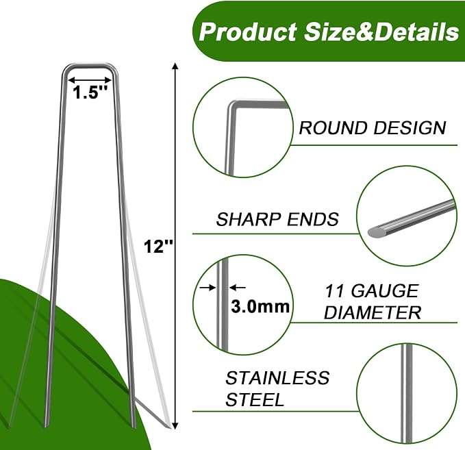 Landscape Staples 12 Inch Galvanized Anti-Rust Garden Stake 11 Gauge | 25 Pack Sod Lawn Yard Ground Pins for Fence, Chicken Wire, Weed Barrier Fabric, Outdoor Decorations, Irrigation Tubing Hose