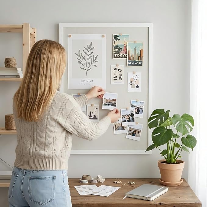 Gideal Cork Board with Pine Wood Frame, Bulletin Board with Linen Surface | 36" x 24" Wall Mounted Pin Board for Home Office, Kitchen, Classroom, White