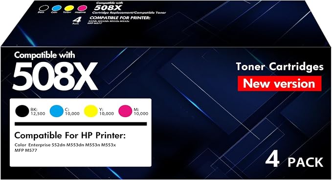 508X 508A Toner Cartridge Set M553 for HP 508A CF360X CF360A High Yield | Compatible for HP Color LaserJet Enterprise M553 M552 MFP M577 Series M553dn M552dn M553n M553x Printer 4-Pack New Version