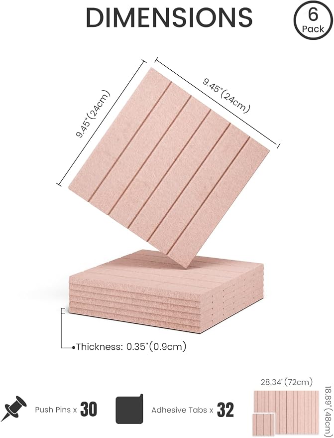28" x 18" Felt Bulletin Board Tiles, Fine Stripe, Pink | 6-Pack Cork Board Alternative, 30 Adhesive Tabs, Push Pin Board, Wall Decor, Office, Home, Classroom, Dorm