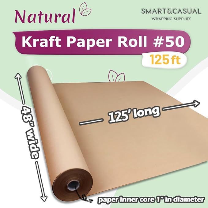 SMART&CASUAL 48" x 1,500" (125') Brown Kraft Craft Paper Roll for Gift Wrapping Bulletin Board Bouquet Flower Kids Art Packing Parcel Table Covering 70GSM 50LB (Brown, 48" x 125')