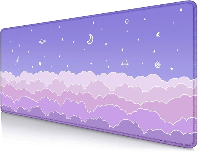 Cute Pastel Purple Desk Mat, Minimalist Large Gaming Mouse Pad Mousepad for Laplop, Kawaii Anime Desk Pad, Gradient Clouds Computer Pads, Aesthetic Stars Moon Deskpad, 31.5 X 11.8 Inch