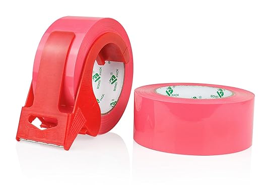 BOMEI PACK Rose Pink Packing Tape with Dispenser, 2.4 Mil 1.88 Inch x 110 Yards, 2 Refills Rolls Color Pink Box Tape for Moving, Shipping and Packaging