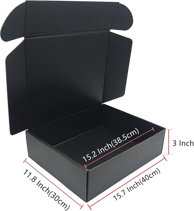 Black Shipping Boxes 15.7x11.8x3.1 Inch Cardboard Storage Mailer Box 15Pack | Corrugated Cardboard Packaging Box Inside Size: 15.2 x 11.6 x 3"