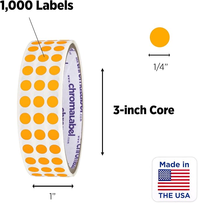 Fluorescent Orange Dots, 1/4 Inch, 1000/Roll | Writable Fluorescent Matte Orange Circle Labels for Offices, Retail and Classrooms. Made in USA