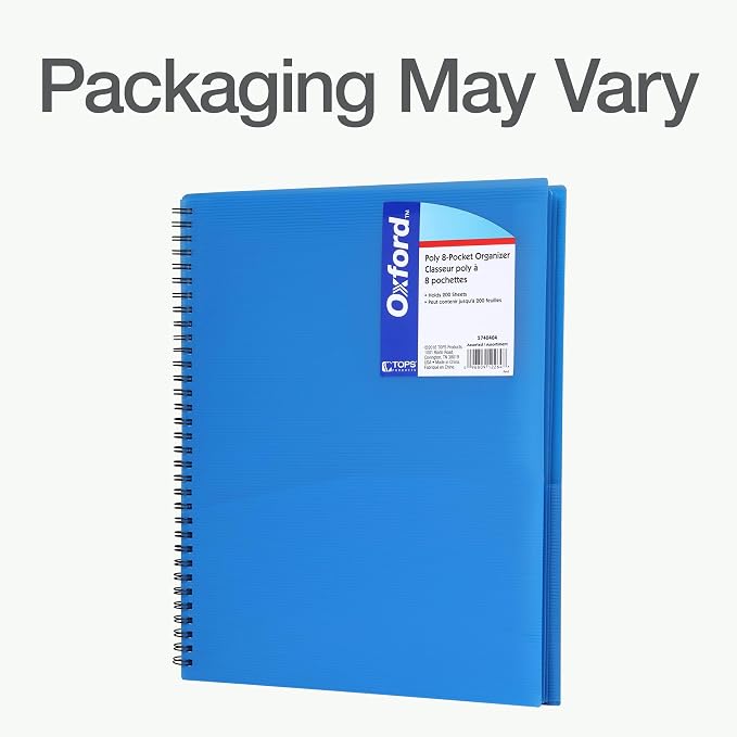 Oxford Poly 8-Pocket Organizer, Letter Size Folder, Durable Translucent Poly, Wire Binding, Holds 200 Sheets, Assorted Colors (Red, Blue, Green and Purple), No Color Choice, 1 Per Pack (5740404)