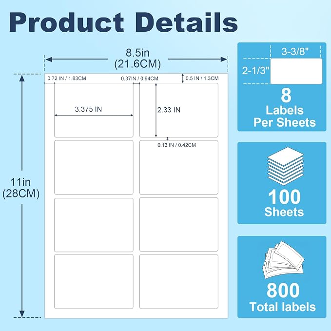 Name Tag Stickers 2 1/3" x 3 3/8", Printable Name Tags for Laser & Inkjet Printers, Product, Packaging, Shipping, Name Tags & Barcode, 800 White Adhesive Stickers (100 Sheets) with Template