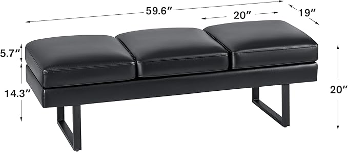 Furmax Waiting Room Chairs Faux Leather Office Guest Chair, 59.6 Inches Conference Room Chairs 3 Seats Upholstered Reception Bench, Lobby Furniture for Salon and Shop, Black