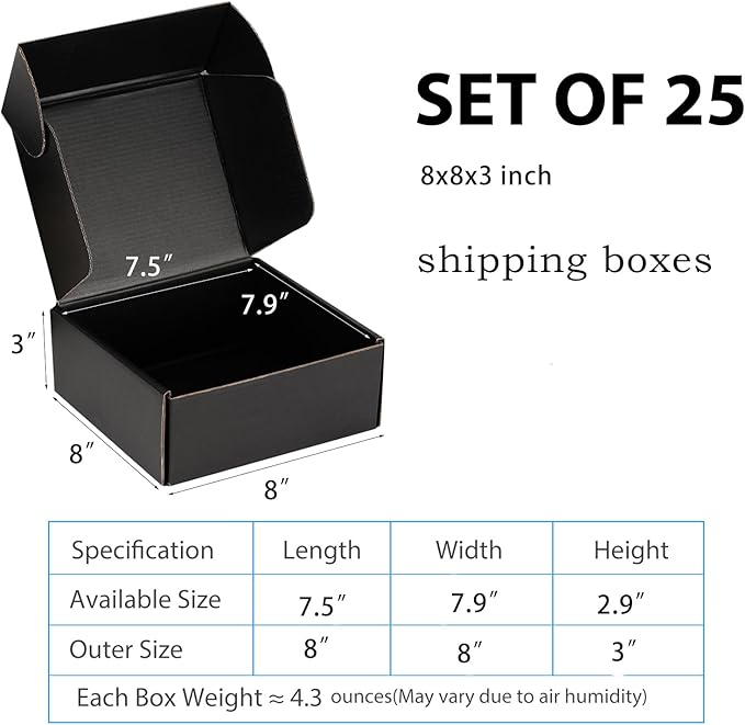 Small Shipping Boxes 8x8x3 Inch (25 Pack) - Sturdy Black Corrugated Cardboard Boxes for Small Business, Ecommerce, Mailing & Packaging | Recyclable Gift & Storage Boxes