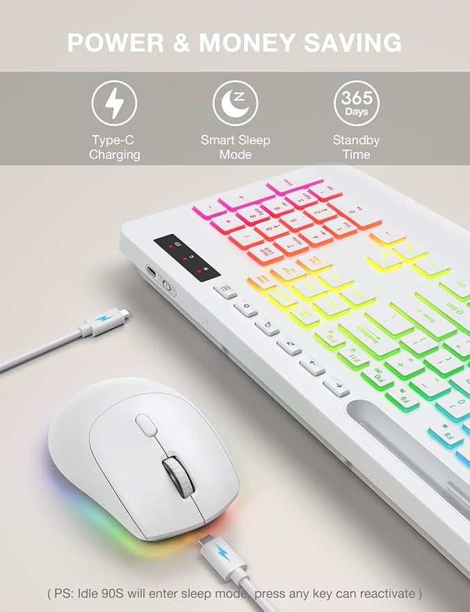 Wireless Keyboard and Mouse Combo - 9 Backlit Effects, RGB, 2.4Ghz | Ergonomic Wrist Rest, Phone Holder, Rechargeable, Full Size, KM22 MAX Silent Set for Computer, Laptop, Mac, Windows (White)