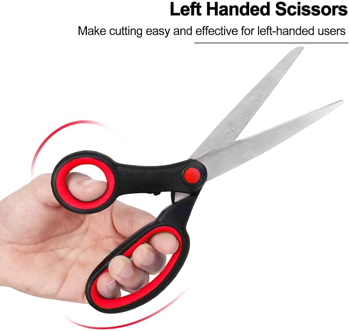 Left Handed Scissors for Kids Student, 8 Inch Lefty Scissors Bluk for Adults, All Purpose Sharp Blades Shears Set of 2 Pack, Great for Craft, Office, Sewing Fabric, Arts, School and Home, Black/Red
