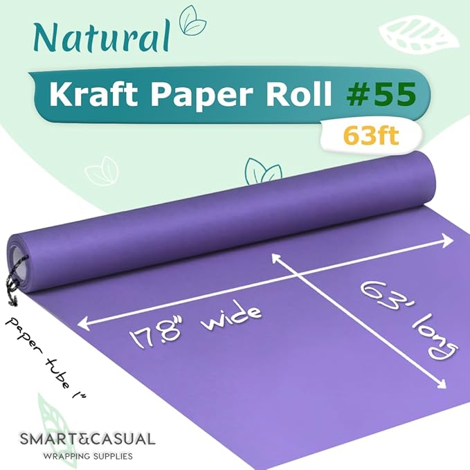 SMART&CASUAL 17.8" x 760" (63') Purple Kraft Craft Paper Roll for Gift Wrapping Bulletin Board Bouquet Flower Kids Art Packing Parcel Table Covering 80GSM 55LB (Purple, 17.8" x 63')