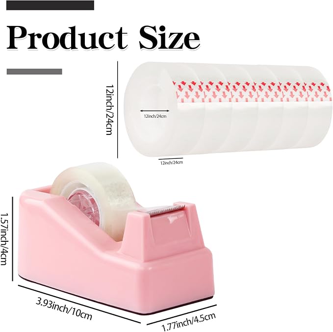 Desktop Tape Dispenser with Nonskid Base,Includes 12Rolls of Tape | [Pink] [Transparent Tape (0.71” x 1000” Per Roll)] [Heavy-Duty Non-Slip Office Tape Dispenser for Home, Office]