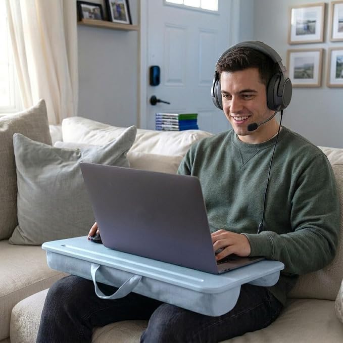 LAPGEAR The Original Lap Desk – Sky Blue, Fits 17" Laptops | Microbead Cushion, Device Ledge, Built-In Pencil Tray, Carry Handle