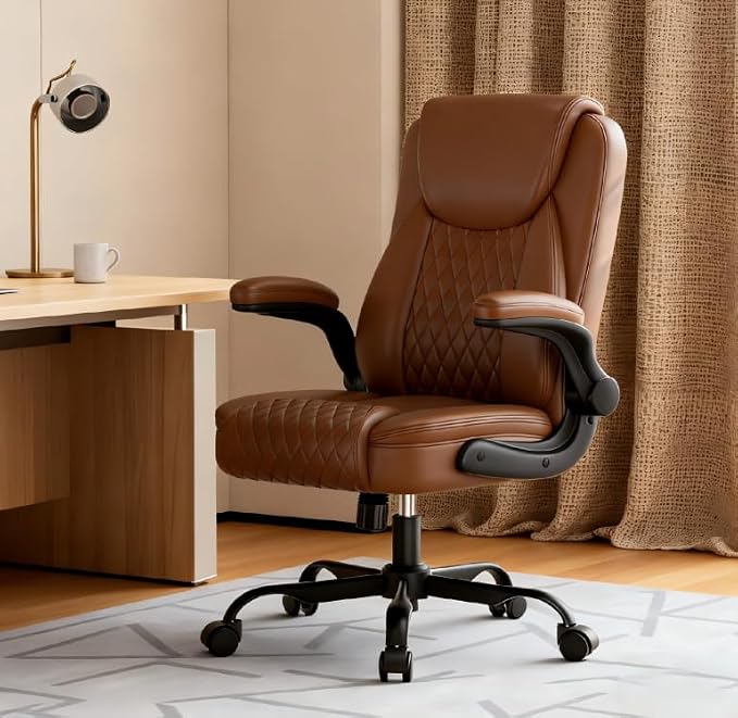 GTPLAYER PU Leather Office Chair, Home Desk Chair with Flip-up Arms, Brown | Ergonomic Back, Comfy Executive Chair for Home Office Gaming, Flexible Rocking, Heavy Duty Chairs