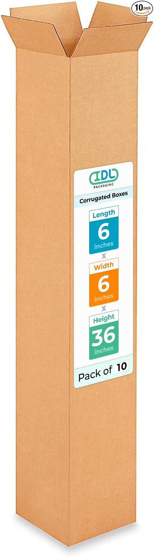 Tall Moving & Shipping Boxes 6x6x36 inches (10-Pack) - Extra Strength 200 lb vs Regular - USA-Made Corrugated Cardboard Boxes - Tall Box for USPS, UPS, FedEx - Packing Box for Moving by IDL Packaging