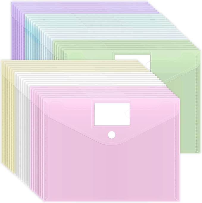 EOOUT 45pcs Plastic Envelopes, Plastic File Folders for Documents, A4 Size Hook & Loop Closure Poly Folders with Label Pocket for School and Office Supplies
