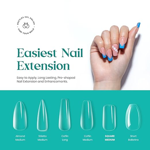 Beetles Medium Square Nail Tips, 500Pcs Nail Kit Medium Square Pre Shaped Clear Full Cover False Nails for Gel Art Polish Soak Off Lamp Nail Extensions Acrylic Press on Nail Tips