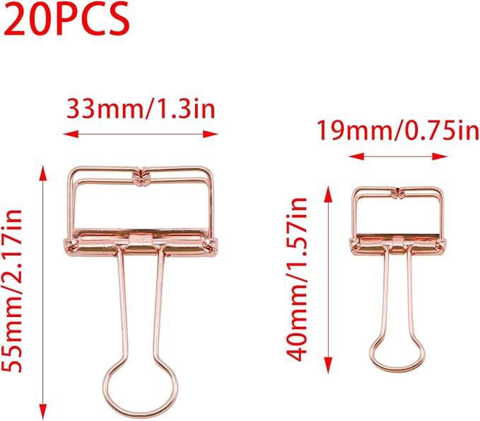20 Pcs Hollow Out Long Tail Wire Binder Clips, 10 Medium + 10 Small | Rose Gold, Assorted Sizes, Hollow Binder Clamps, Paper Binder Clips for Office School Supplies