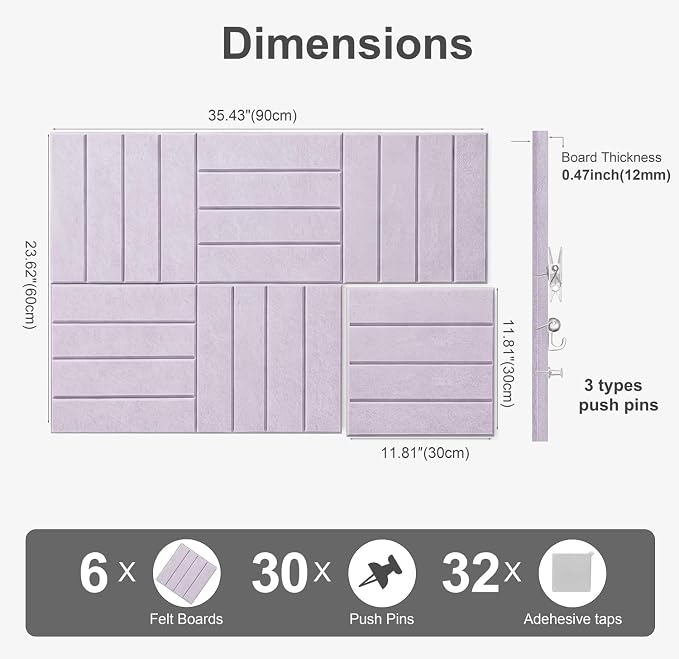 0.47" Thick Felt Wall Tiles 36"x24" Cork Board Alternative 6 Pack 11.81"x11.81"Felt Bulletin Board Pin Board with Removable Adhesive Tape&30 Pushpins for Home Office School(Bold-Light Purple)