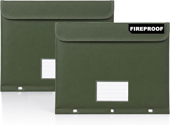 Fireproof 3 Ring Binder Pocket,Document Bag Side Loading, 2 Pack | Water Resistant,Heat Insulated,Binder Folders Organizer,Safe Storage for Home Office Travel,Letter Size, Green