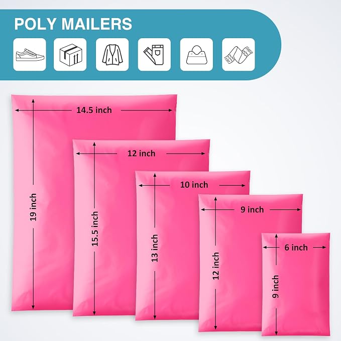 UCGOU 60 Pack Not Padded Hot Pink Poly Mailers Variety Pack, 6x9 Inch & 9x12 Inch & 10x13 Inch & 12x15.5 Inch & 14.5x19 Inch Mailing Bag, Self-sealing Adhesive Mailer Assorted Sizes for Small Business